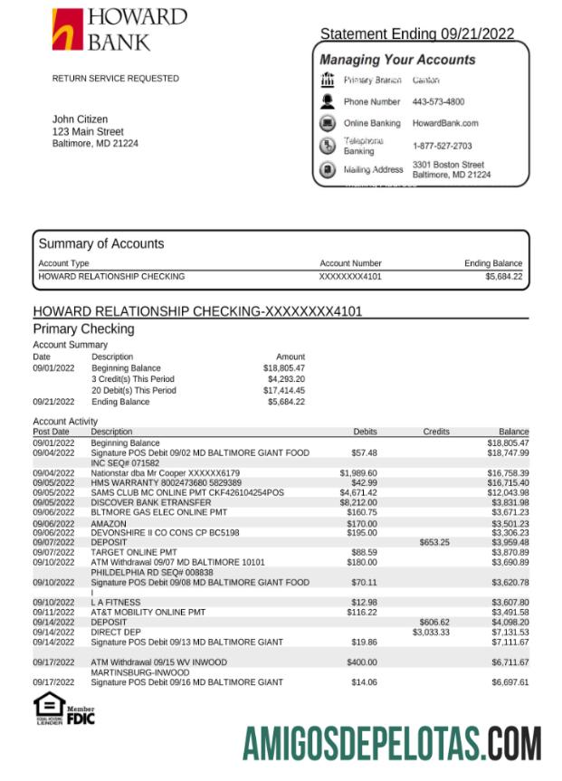 Modelo Word e PDF para impressão do extrato bancário Howard Bank dos EUA